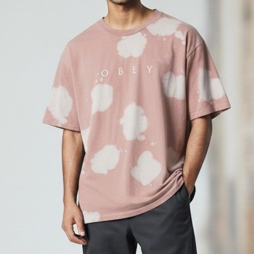 Obey T-Shirt Size M Pink Good Bleach Cloud Wash Logo Short Sleeve Tee
